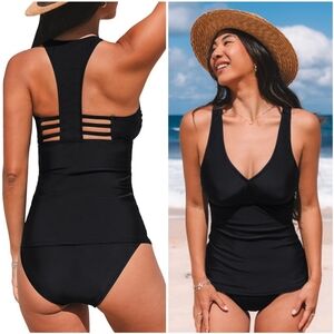 NWT Cupshe Black V Halter Racerback Tankini Cut Out Two Piece Swimsuit Bathing S
